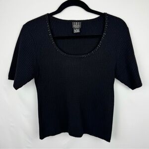 INC Y2K 100% Cashmere Black Ribbed Short Sleeve Sweater Top Beaded Trim Collar